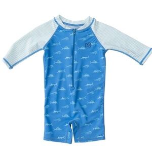 Pradoh lil reef rashguard swimsuit in fish print on blue marina 12-18M